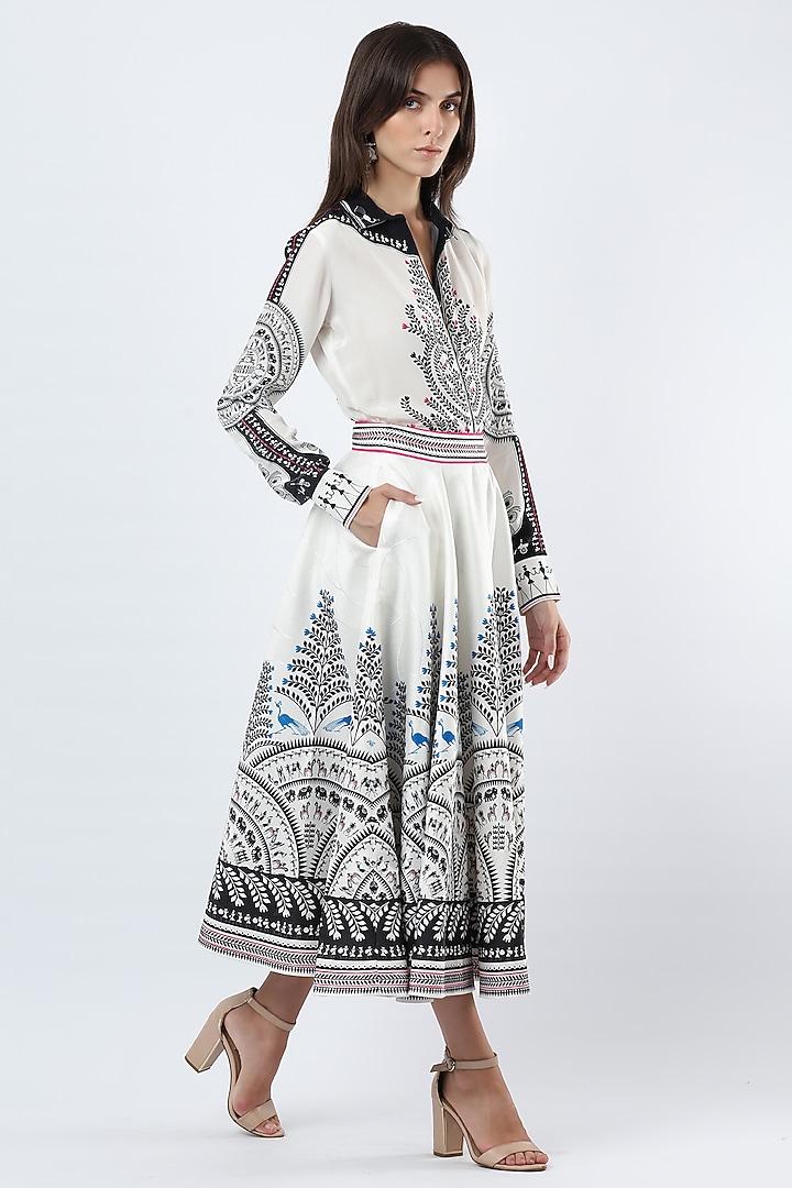 Ivory Textured Satin Printed Midi Skirt Set by Limerick By Abirr N' Nanki at Pernia's Pop Up Shop