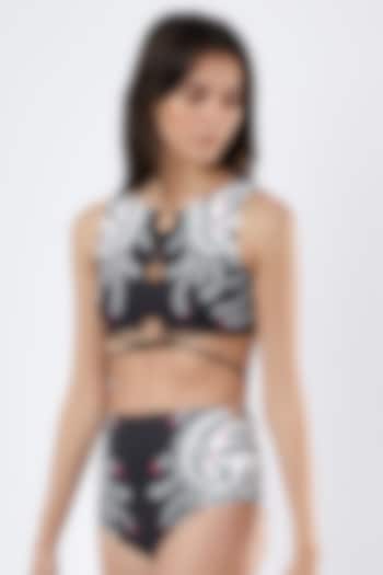 Black Polyester & Spandex Block Printed Bikini Set by Limerick By Abirr N' Nanki at Pernia's Pop Up Shop