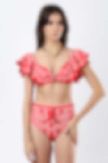 Coral Polyester & Spandex Foil Printed Bikini Set by Limerick By Abirr N' Nanki at Pernia's Pop Up Shop