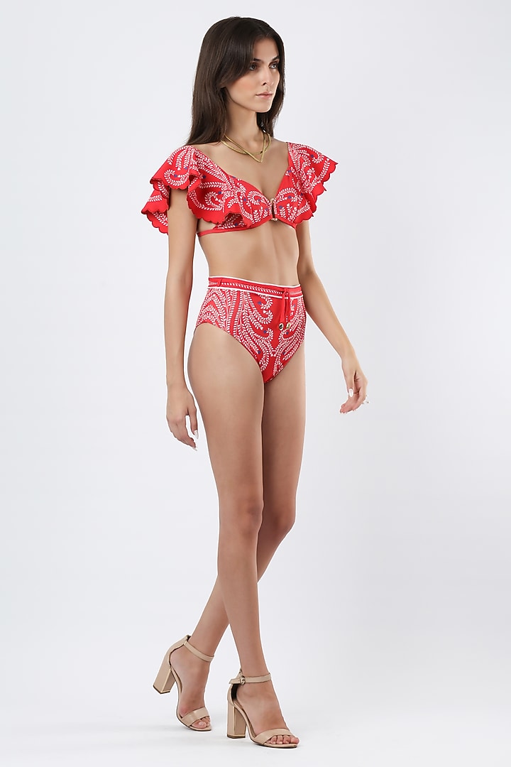 Coral Polyester & Spandex Foil Printed Bikini Set by Limerick By Abirr N' Nanki at Pernia's Pop Up Shop