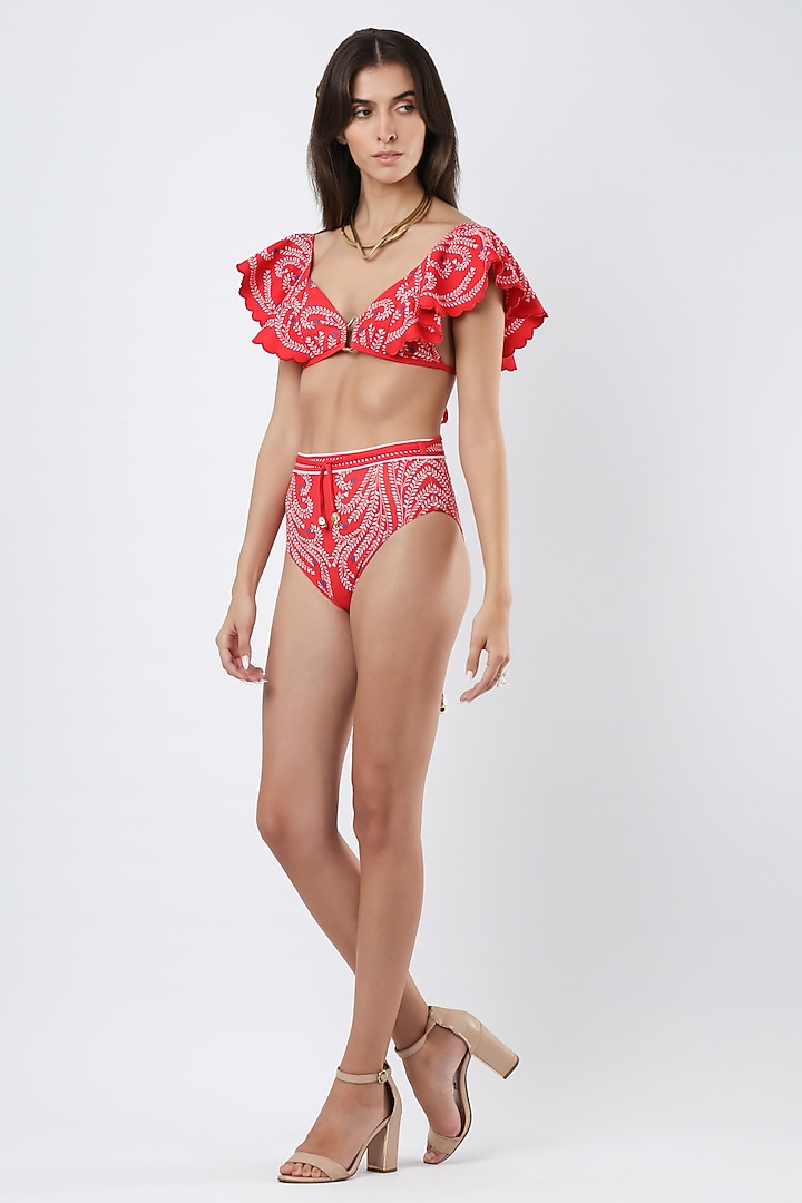 Coral Polyester & Spandex Foil Printed Bikini Set by Limerick By Abirr N' Nanki at Pernia's Pop Up Shop