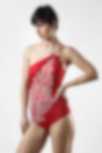 Red Polyester & Spandex Printed Monokini by Limerick By Abirr N' Nanki at Pernia's Pop Up Shop