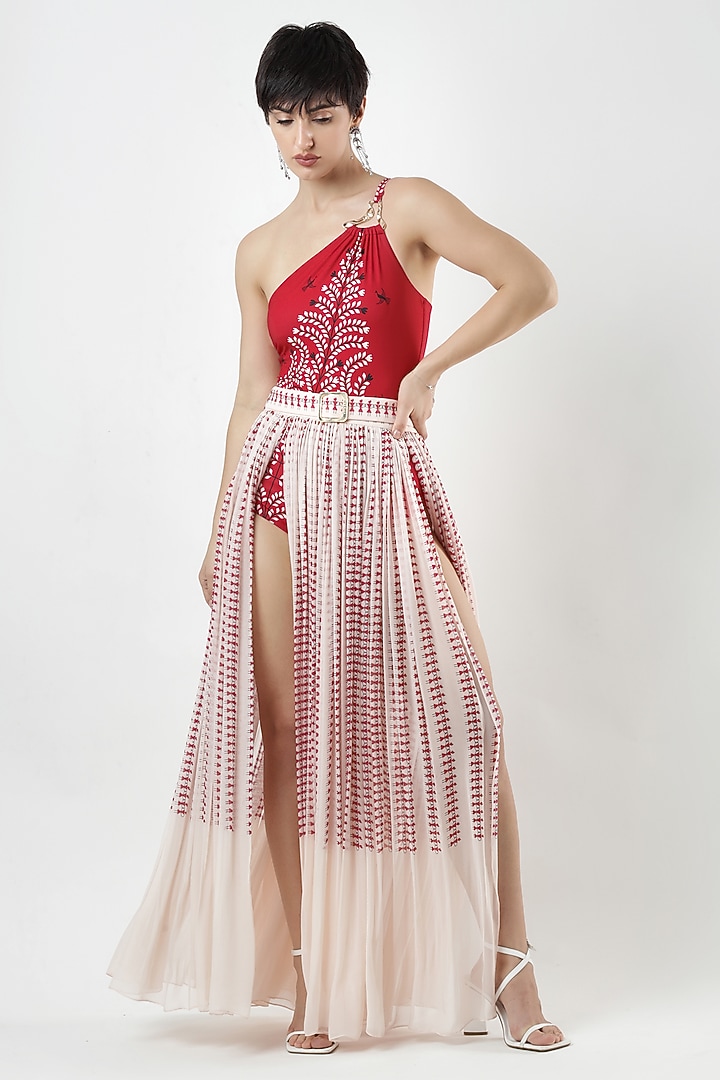 Ivory Georgette Printed Swim Skirt by Limerick By Abirr N' Nanki at Pernia's Pop Up Shop