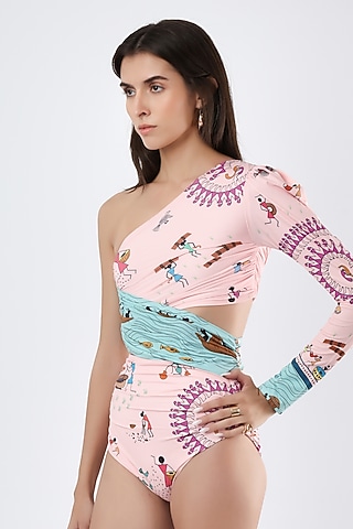 Blush Pink Polyester & Spandex Printed Monokini by Limerick By Abirr N' Nanki