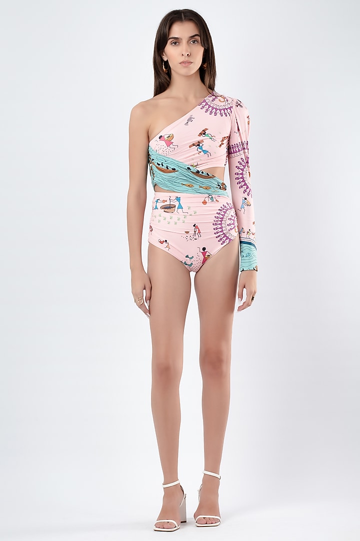 Blush Pink Polyester & Spandex Printed Monokini by Limerick By Abirr N' Nanki at Pernia's Pop Up Shop