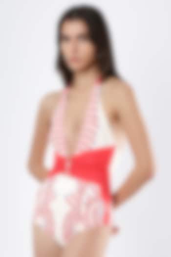 Ivory & Red Polyester & Spandex Printed Monokini by Limerick By Abirr N' Nanki at Pernia's Pop Up Shop