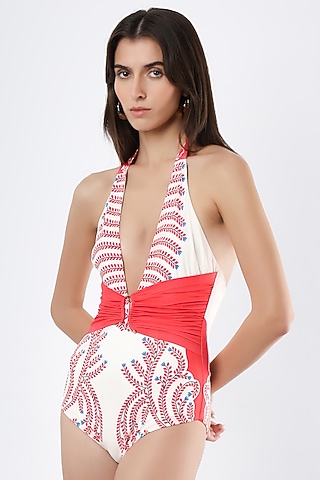 Ivory & Red Polyester & Spandex Printed Monokini by Limerick By Abirr N' Nanki