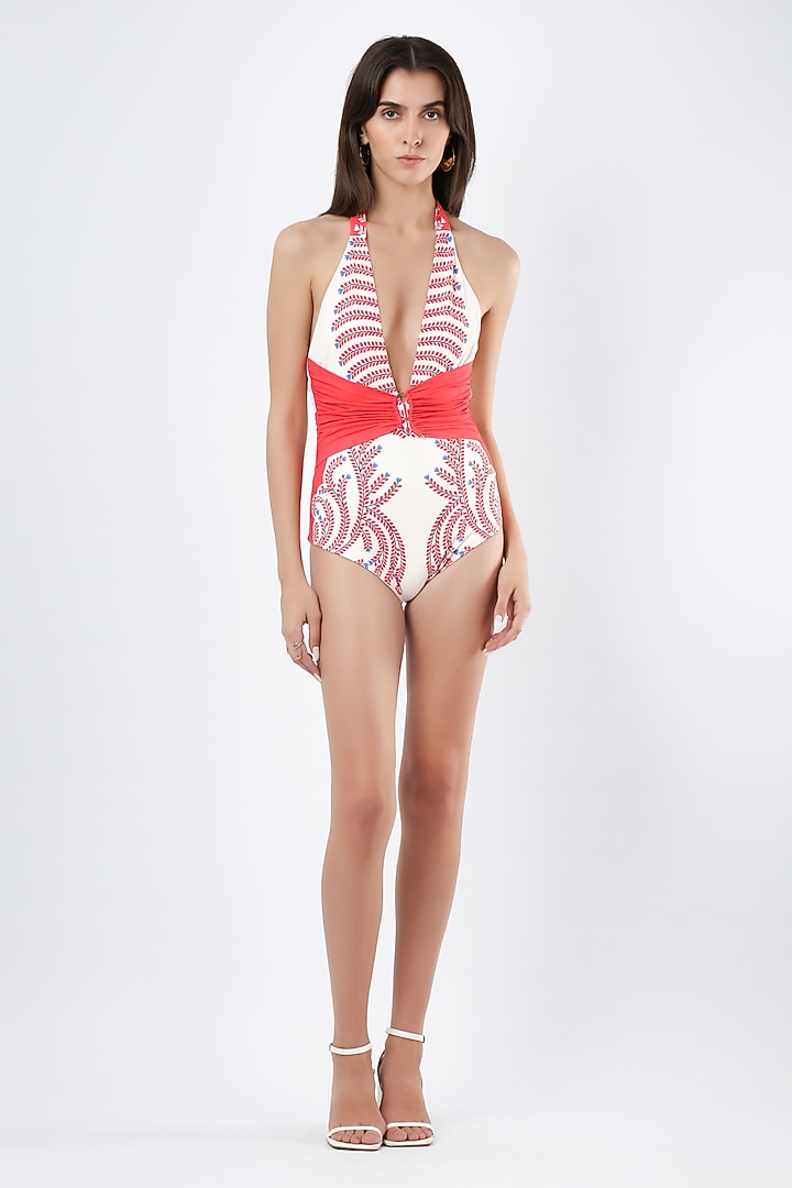 Ivory & Red Polyester & Spandex Printed Monokini by Limerick By Abirr N' Nanki at Pernia's Pop Up Shop