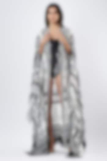 Ivory & Black Crepe Printed Cape by Limerick By Abirr N' Nanki at Pernia's Pop Up Shop