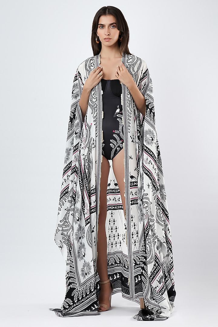 Ivory & Black Crepe Printed Cape by Limerick By Abirr N' Nanki at Pernia's Pop Up Shop