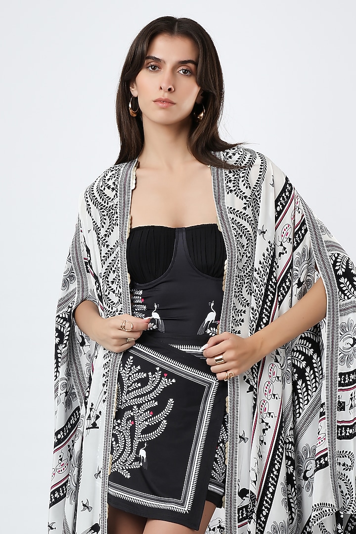 Ivory & Black Crepe Printed Cape by Limerick By Abirr N' Nanki at Pernia's Pop Up Shop