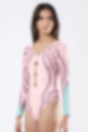 Blush Pink Polyester & Spandex Printed Monokini by Limerick By Abirr N' Nanki at Pernia's Pop Up Shop