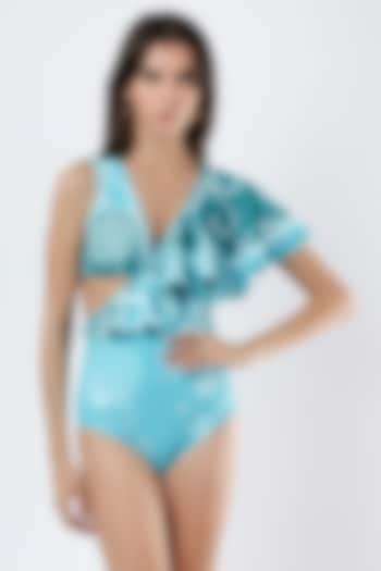 Blue Polyester & Spandex Printed Monokini by Limerick By Abirr N' Nanki at Pernia's Pop Up Shop