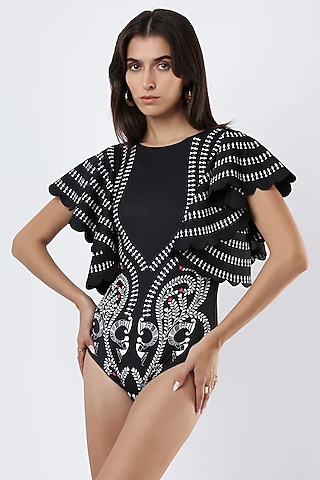 Black Polyester & Spandex Printed Monokini by Limerick By Abirr N' Nanki