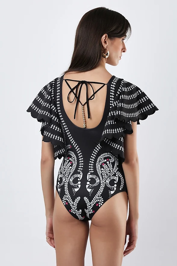 Black Polyester & Spandex Printed Monokini by Limerick By Abirr N' Nanki at Pernia's Pop Up Shop