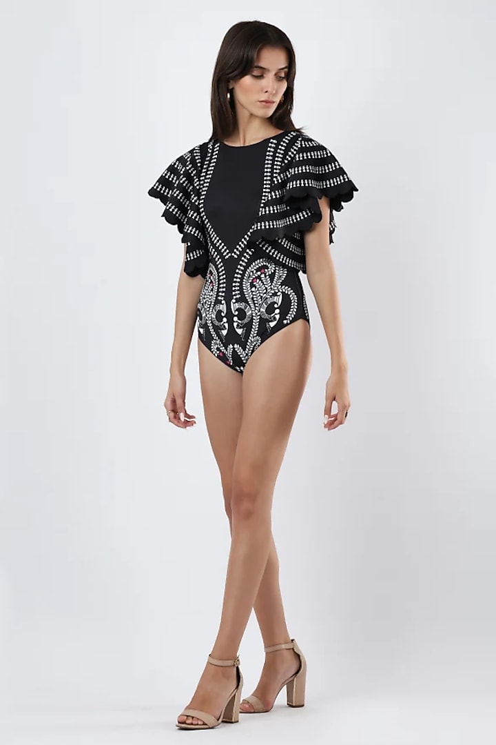 Black Polyester & Spandex Printed Monokini by Limerick By Abirr N' Nanki at Pernia's Pop Up Shop