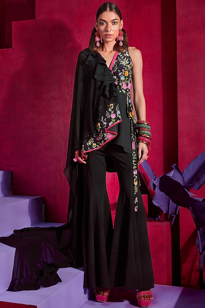 Black Printed & Embroidered Jacket Set by Limerick By Abirr N' Nanki