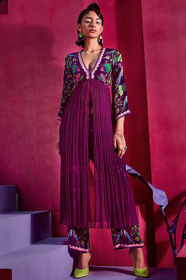 Deep Purple Printed & Embroidered Kurta Set by Limerick By Abirr N' Nanki at Pernia's Pop Up Shop