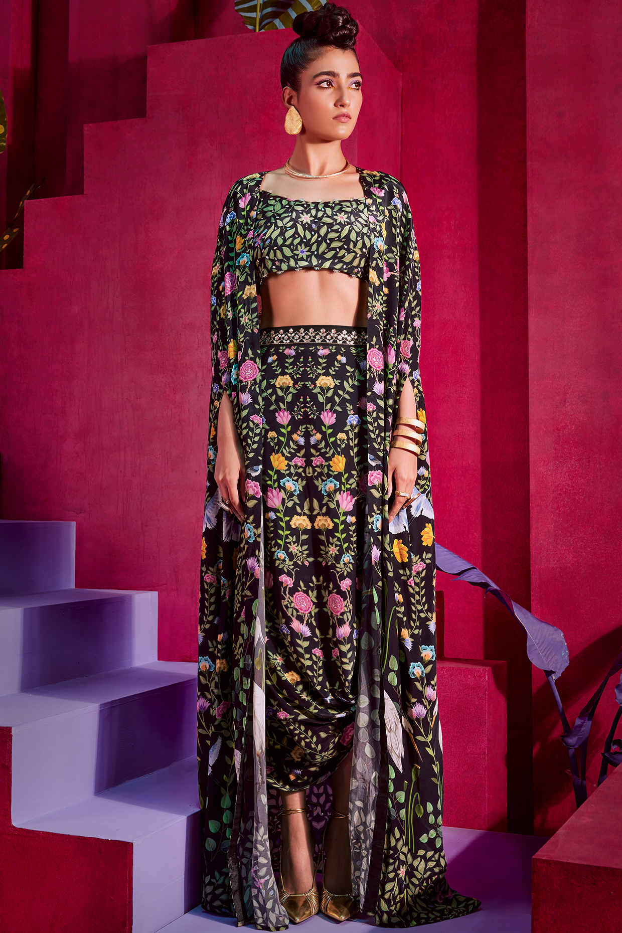 Black Printed Cape Set by Limerick By Abirr N' Nanki
