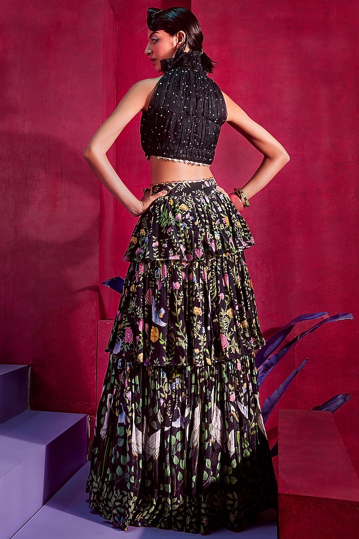 Black Printed Tiered Skirt Set by Limerick By Abirr N' Nanki at Pernia's Pop Up Shop