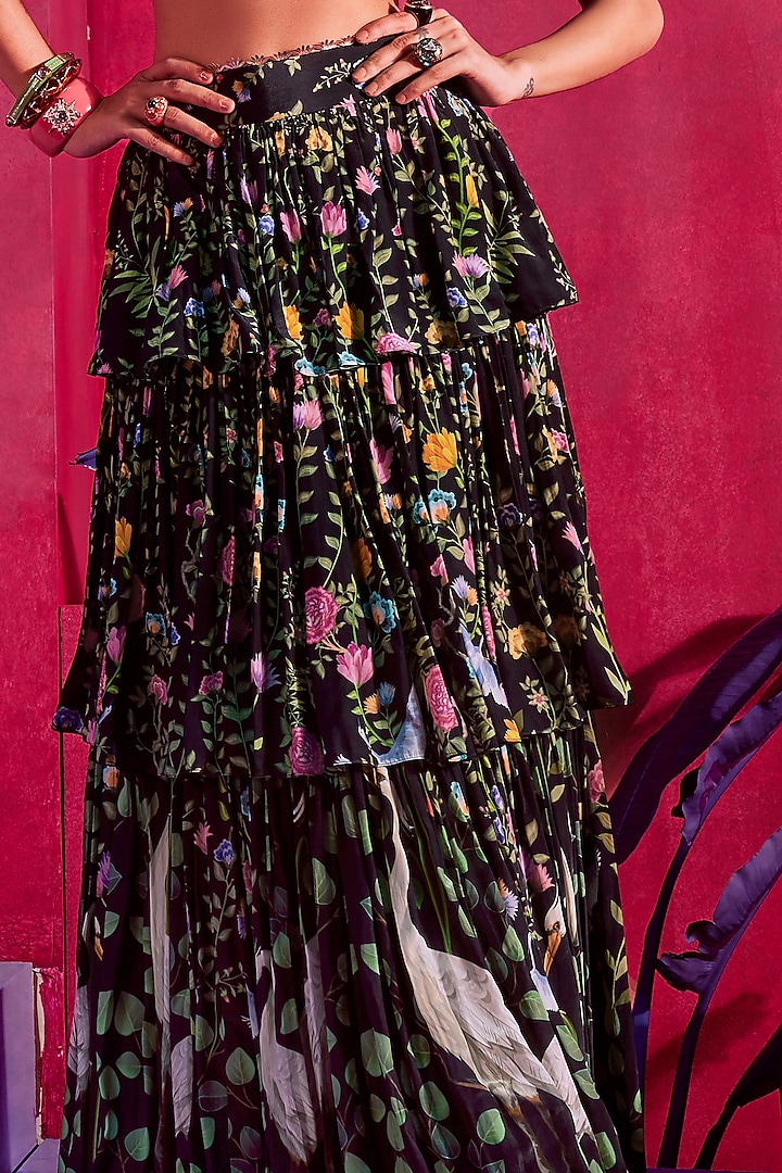 Black Printed Tiered Skirt Set by Limerick By Abirr N' Nanki at Pernia's Pop Up Shop