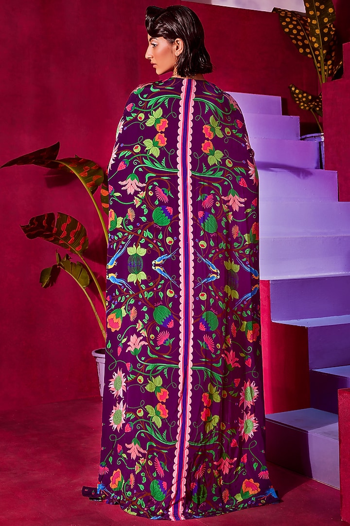 Deep purple Georgette Printed & Gold Embroidered Pre-Draped Jacket Wedding Saree Set by Limerick By Abirr N' Nanki at Pernia's Pop Up Shop