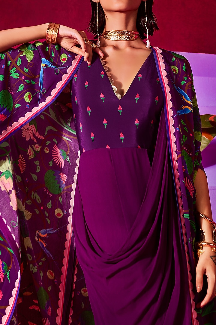 Deep purple Georgette Printed & Gold Embroidered Pre-Draped Jacket Wedding Saree Set by Limerick By Abirr N' Nanki at Pernia's Pop Up Shop