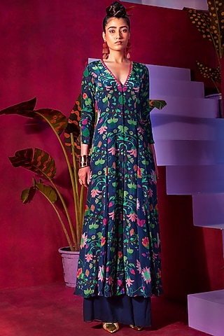 Multi-Colored Printed Kalidar Kurta Set by Limerick By Abirr N' Nanki
