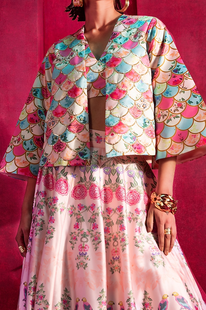 Blush Pink Printed & Embroidered Jacket Set by Limerick By Abirr N' Nanki at Pernia's Pop Up Shop