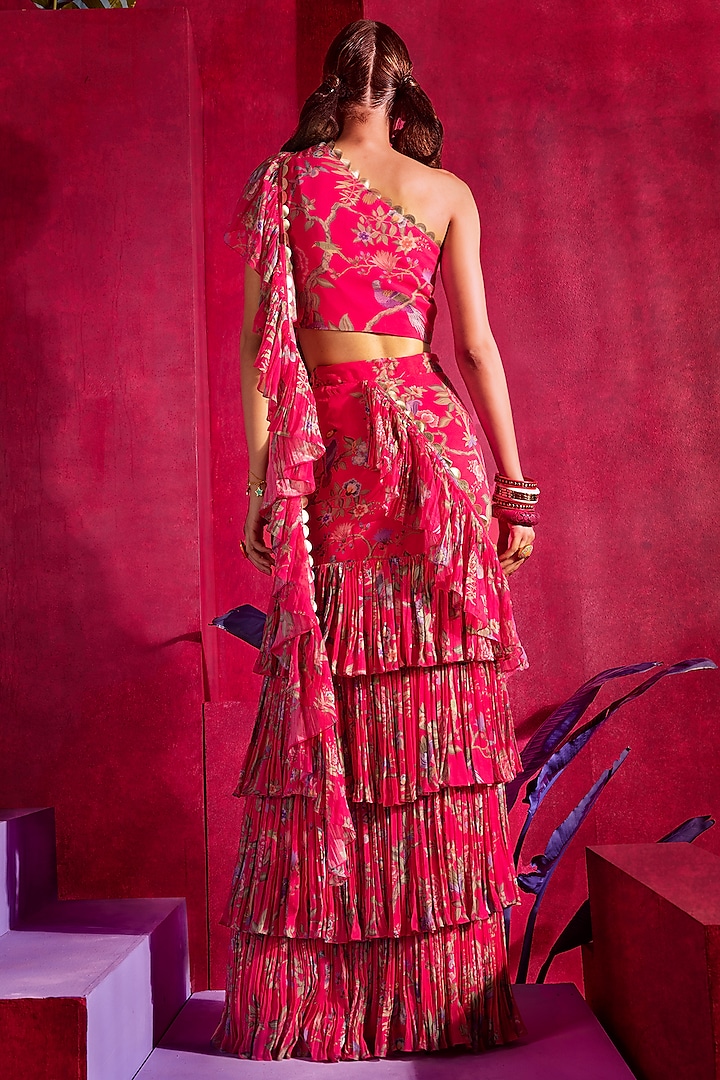 Fuchsia Crepe Printed & Embroidered Pre-Draped Wedding Saree Set by Limerick By Abirr N' Nanki at Pernia's Pop Up Shop