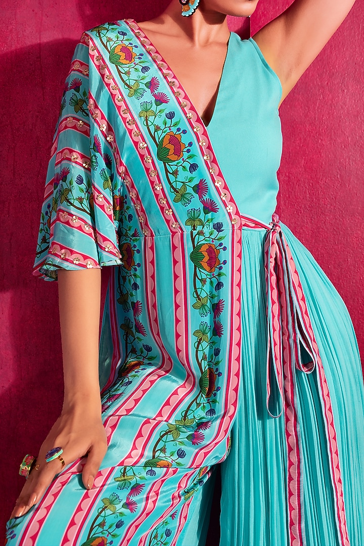 Turquoise Printed & Embroidered Wrap Jumpsuit by Limerick By Abirr N' Nanki at Pernia's Pop Up Shop
