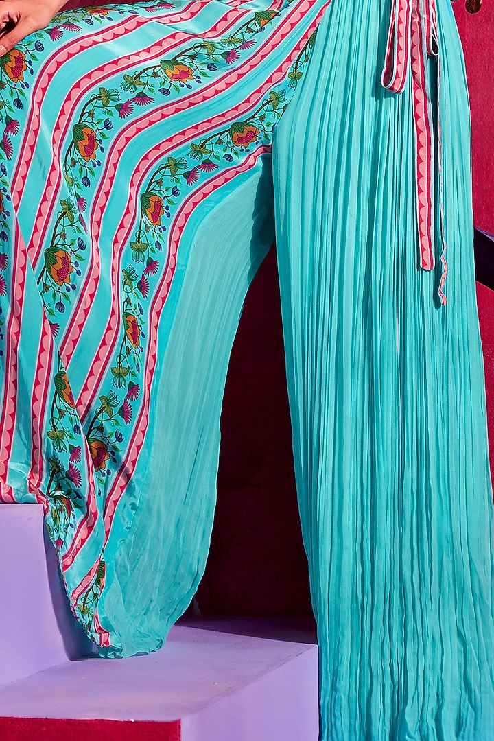 Turquoise Printed & Embroidered Wrap Jumpsuit by Limerick By Abirr N' Nanki at Pernia's Pop Up Shop
