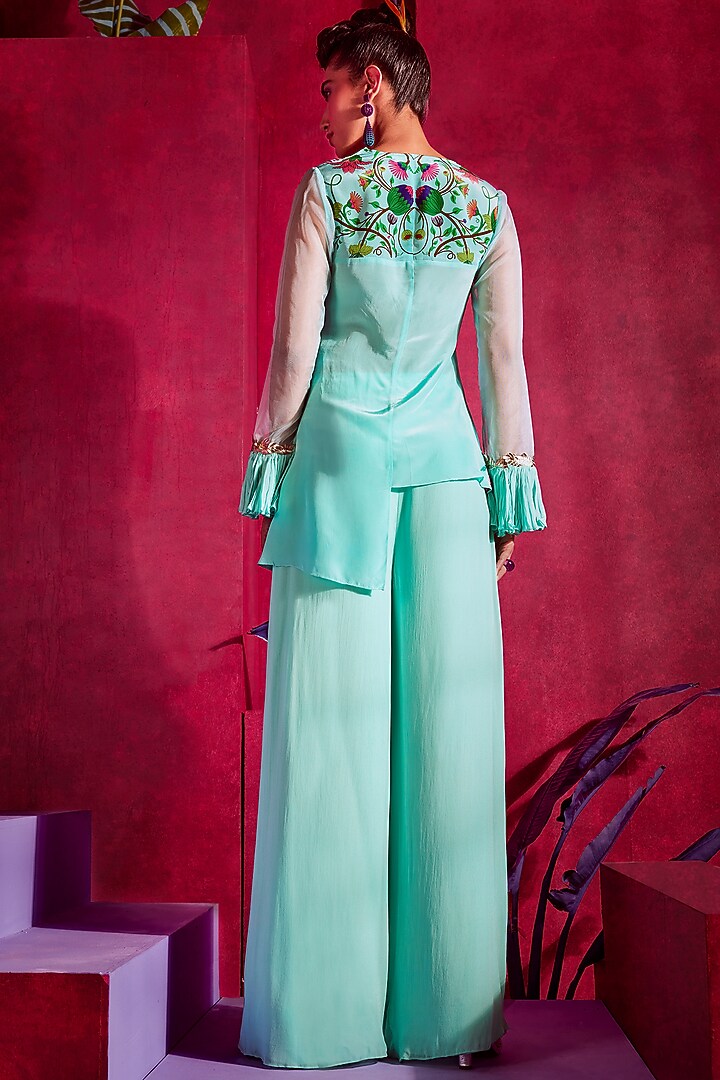Turquoise Printed & Embroidered Peplum Tunic Set by Limerick By Abirr N' Nanki at Pernia's Pop Up Shop