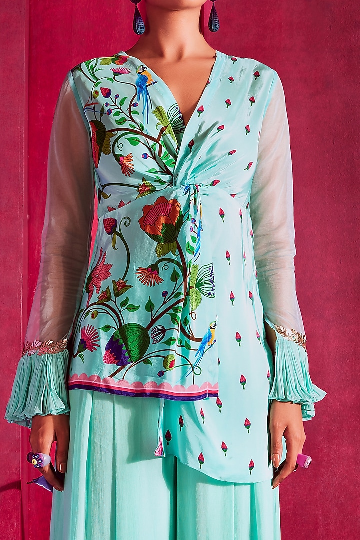 Turquoise Printed & Embroidered Peplum Tunic Set by Limerick By Abirr N' Nanki at Pernia's Pop Up Shop