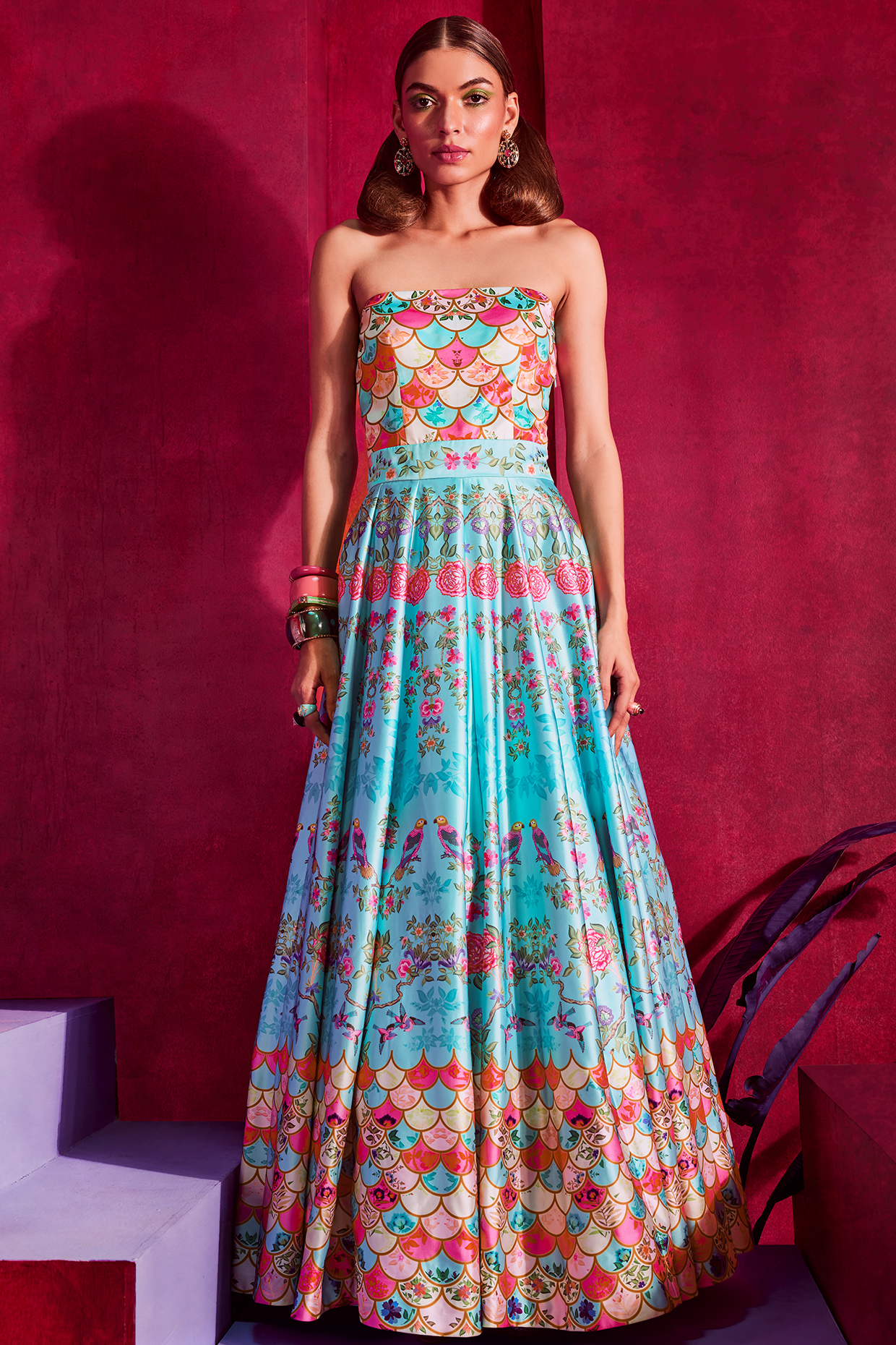 Pink & Blue Printed Party Wear Gown by Limerick By Abirr N' Nanki at Pernia's Pop Up Shop