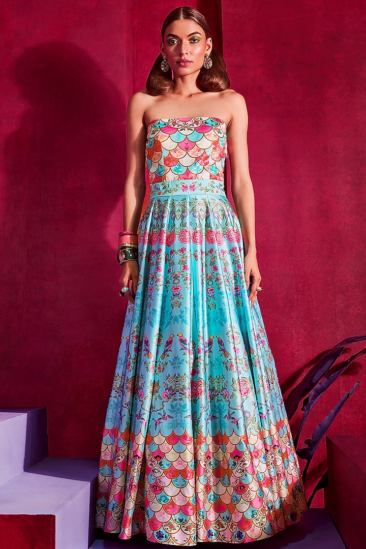 Pink & Blue Printed Party Wear Gown by Limerick By Abirr N' Nanki at Pernia's Pop Up Shop