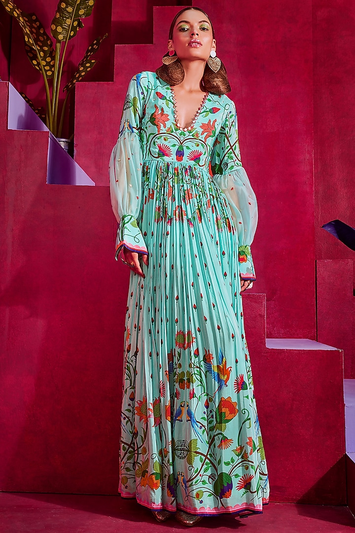 Turquoise Printed & Embroidered Maxi Dress by Limerick By Abirr N' Nanki