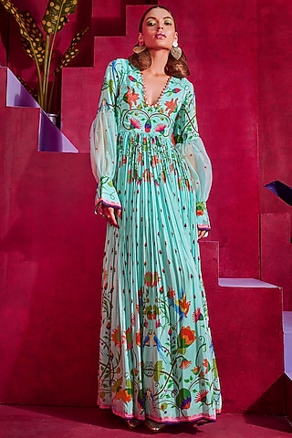 Turquoise Printed & Embroidered Maxi Dress by Limerick By Abirr N' Nanki