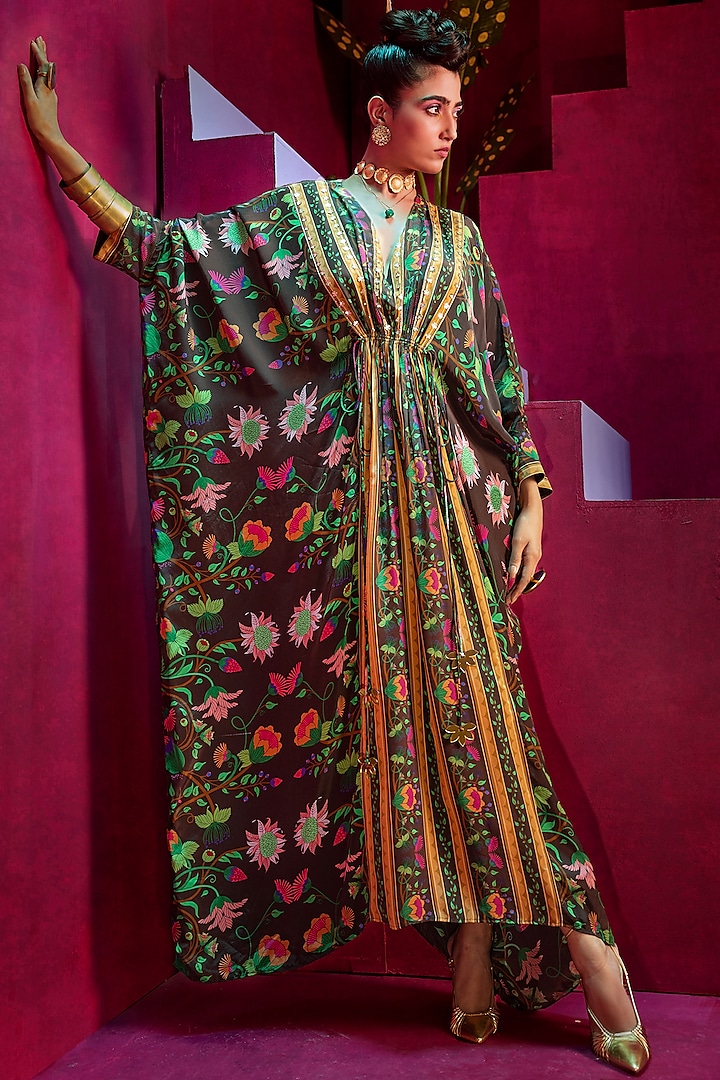 Brown Printed & Embroidered Kaftan by Limerick By Abirr N' Nanki at Pernia's Pop Up Shop