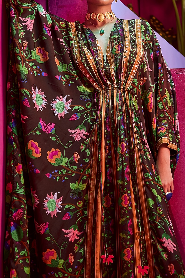 Brown Printed & Embroidered Kaftan by Limerick By Abirr N' Nanki at Pernia's Pop Up Shop