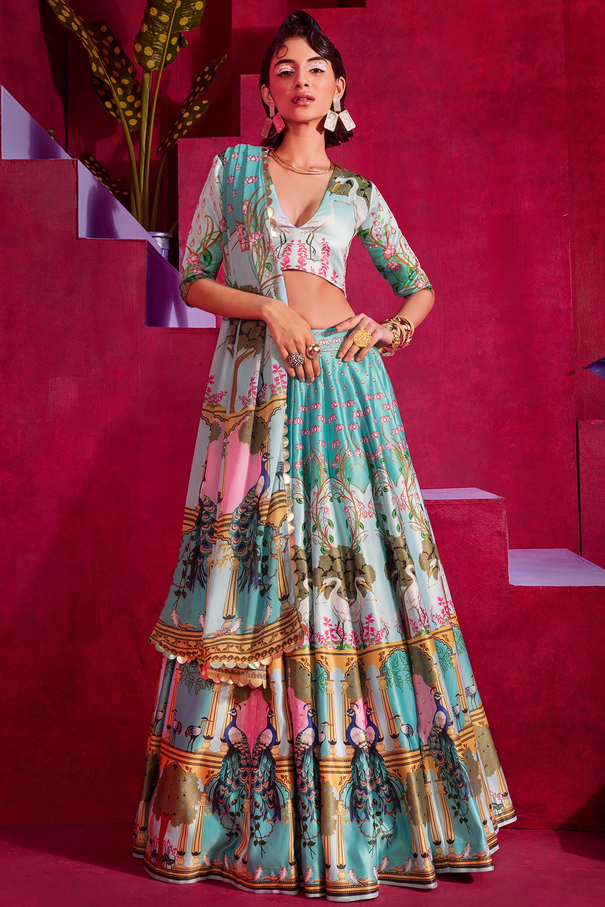 Pink Chania Choli With Blue Odhani | Lehenga Cholis | Chiro's By Jigyasa