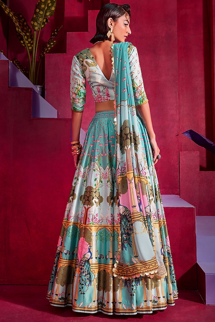 Pink & Blue Printed Wedding Lehenga Set by Limerick By Abirr N' Nanki at Pernia's Pop Up Shop