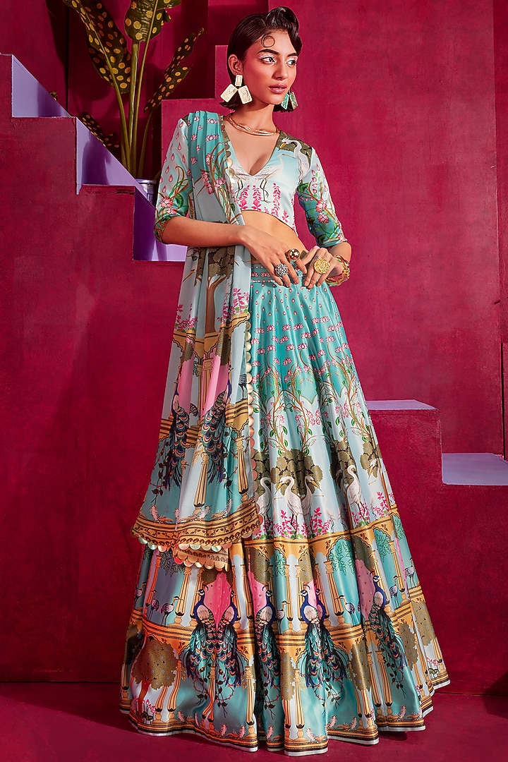 Pink & Blue Printed Wedding Lehenga Set by Limerick By Abirr N' Nanki at Pernia's Pop Up Shop