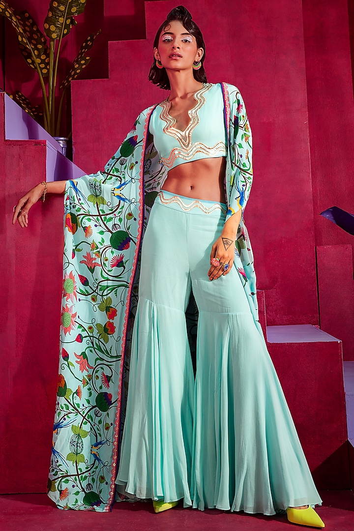 Turquoise Printed Cape Set by Limerick By Abirr N' Nanki at Pernia's Pop Up Shop