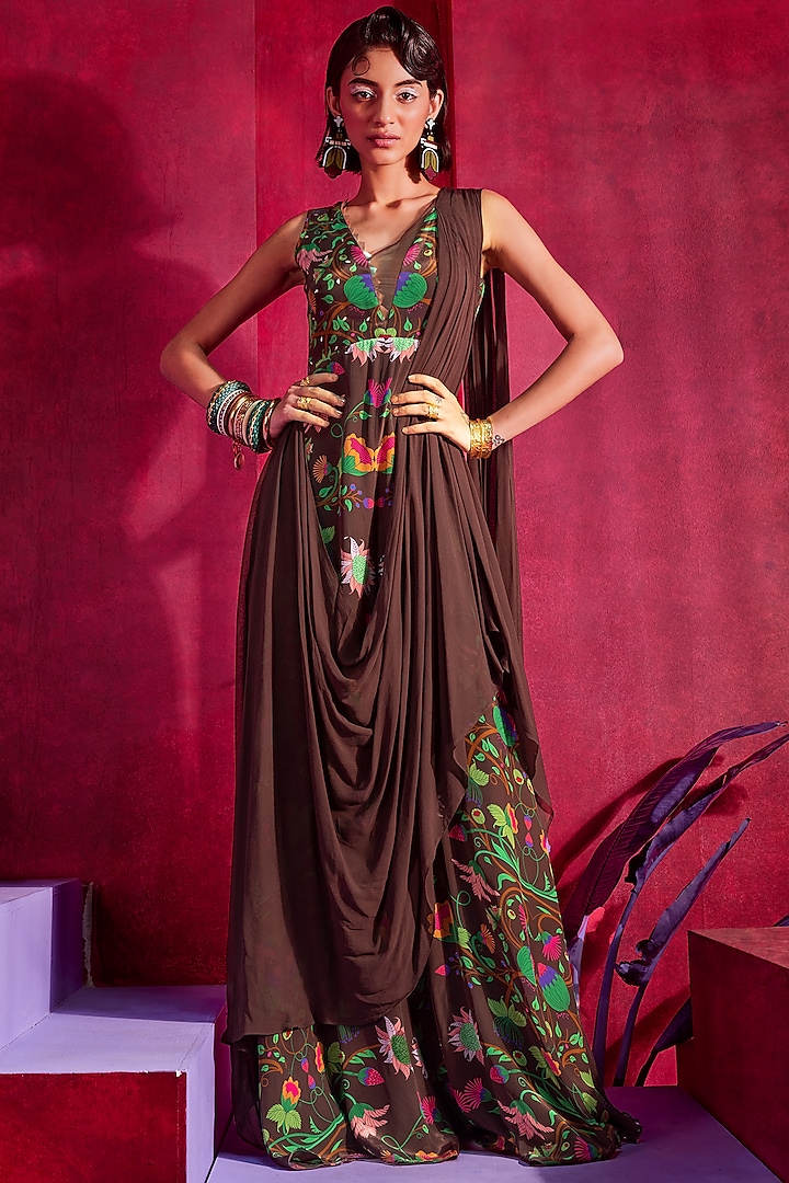 Brown Printed & Embroidered Draped Jumpsuit by Limerick By Abirr N' Nanki