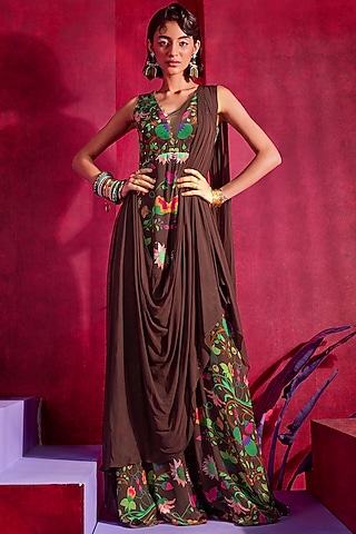 Brown Printed & Embroidered Draped Jumpsuit by Limerick By Abirr N' Nanki