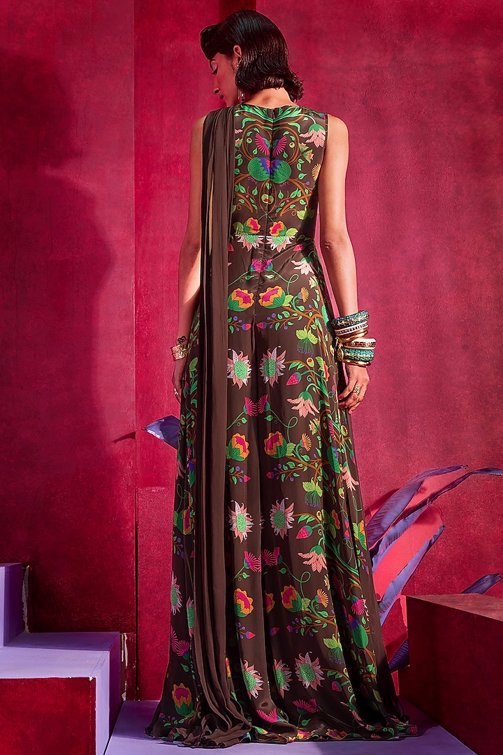 Brown Printed & Embroidered Draped Jumpsuit by Limerick By Abirr N' Nanki at Pernia's Pop Up Shop
