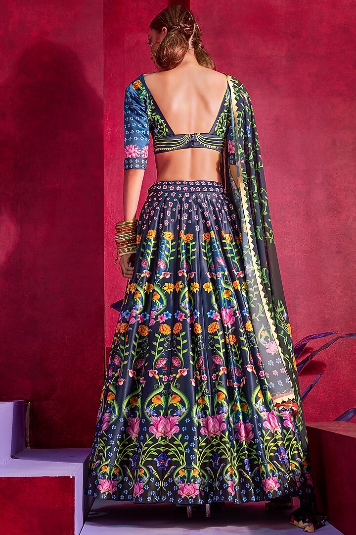 Navy Blue Printed & Embellished Wedding Lehenga Set by Limerick By Abirr N' Nanki at Pernia's Pop Up Shop