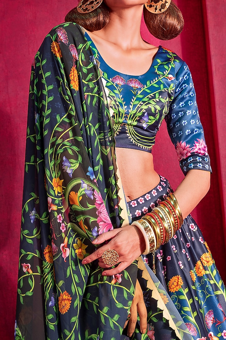 Navy Blue Printed & Embellished Wedding Lehenga Set by Limerick By Abirr N' Nanki at Pernia's Pop Up Shop