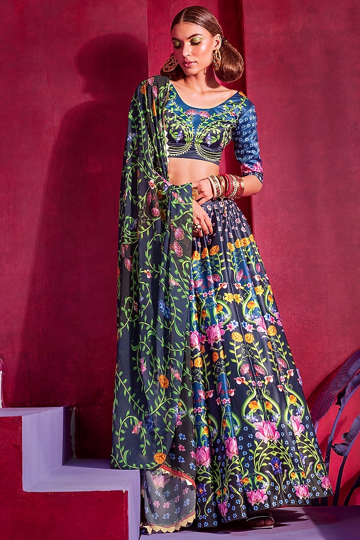 Navy Blue Printed & Embellished Wedding Lehenga Set by Limerick By Abirr N' Nanki at Pernia's Pop Up Shop
